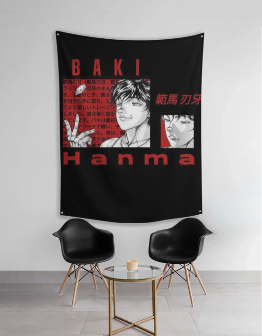 Baki anime tapestry black wall hanging with red and white Baki Hanma portraits over modern seating