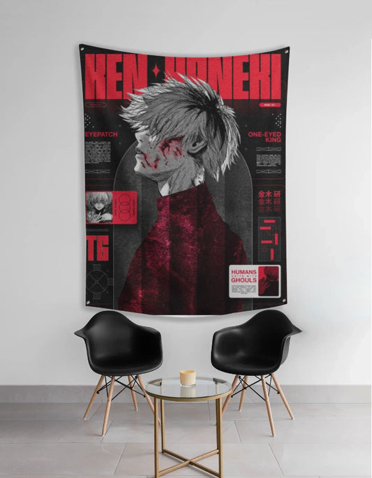 Ken Kaneki tapestry anime wall decor red and black Tokyo Ghoul portrait hung above chairs for bedroom or living room