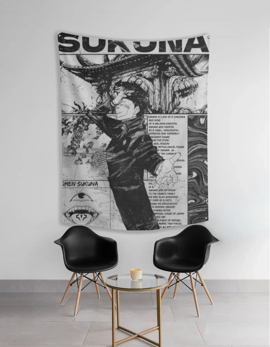 Sukuna tapestry wall hanging black and white manga print large lightweight fabric decor for living room