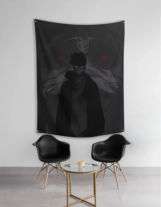 Jin Woo anime tapestry dark silhouetted figure with glowing blue eyes and red eyed shadow above two black chairs