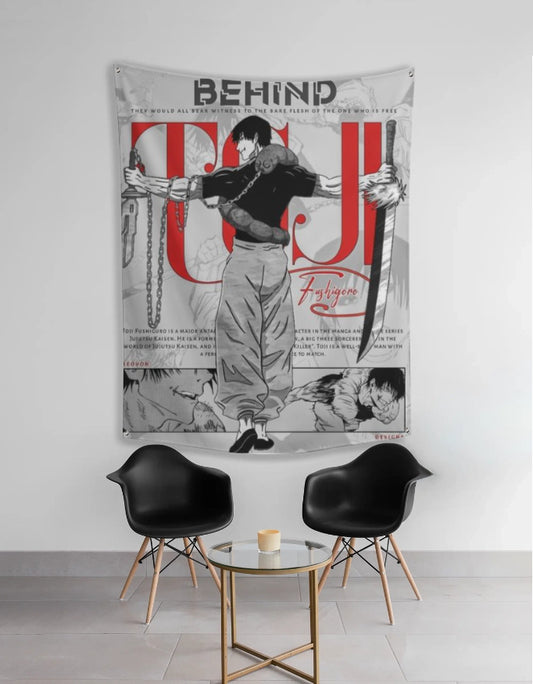Toji anime tapestry black white and red wall hanging showing Toji from behind holding sword and chains