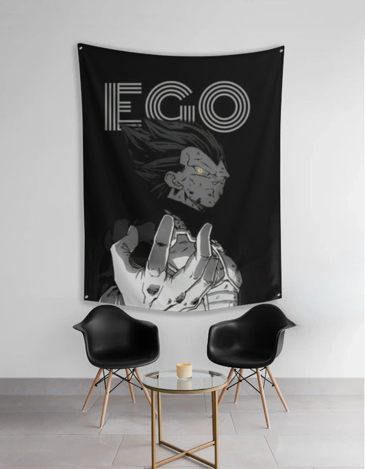 ultra ego anime tapestry black wall hanging showing damaged hero with glowing yellow eyes and reaching hand above chairs and table