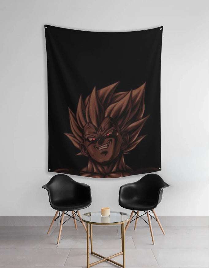 Vegeta wall tapestry hanging above two black chairs and table featuring dark Super Saiyan Vegeta portrait
