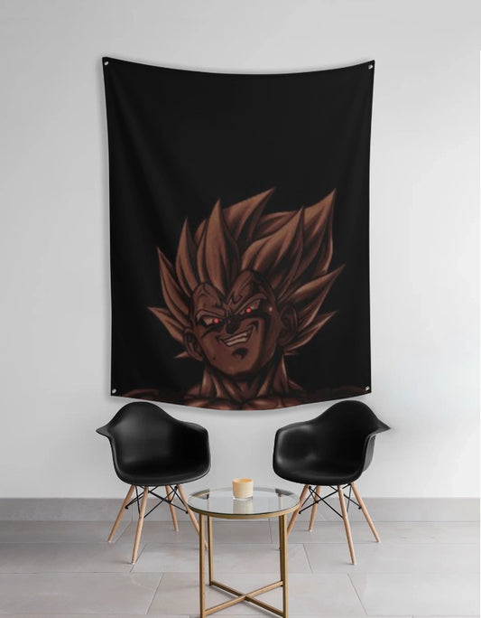 Vegeta wall tapestry hanging above two black chairs and table featuring dark Super Saiyan Vegeta portrait