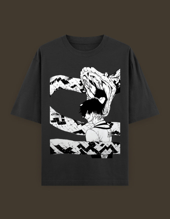 Black oversized tee with monochrome anime print of a character and coiled snake, blue lock artist tee