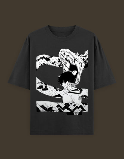 Black oversized tee with monochrome anime print of a character and coiled snake, blue lock artist tee