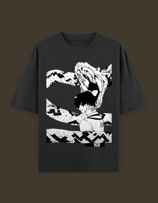 Black oversized tee with monochrome anime print of a character and coiled snake, blue lock artist tee