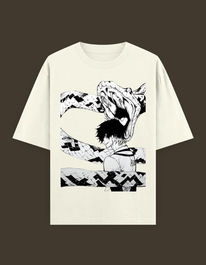 blue lock artist tee from AnimeVerseStore featuring black and white manga snake wrapping a brooding character on cream shirt