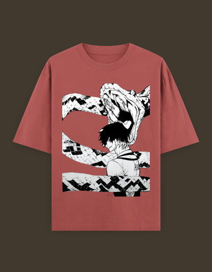 AnimeVerseStore blue lock artist tee dusty rose oversized shirt with black and white manga snake and player graphic