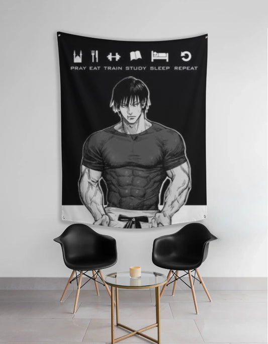 Anime discipline tapestry featuring muscular black and white anime man with workout icons and mantra hanging over modern chairs