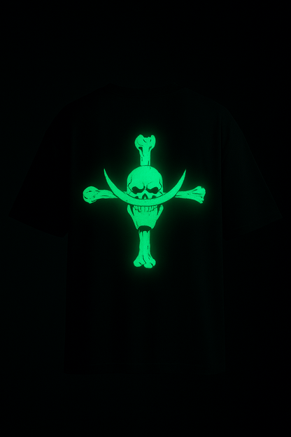 Whitebeard glow in dark anime tee showing bright green glowing skull and crossed bones on black shirt for nightwear