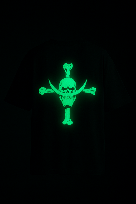 Whitebeard glow in dark anime tee showing bright green glowing skull and crossed bones on black shirt for nightwear