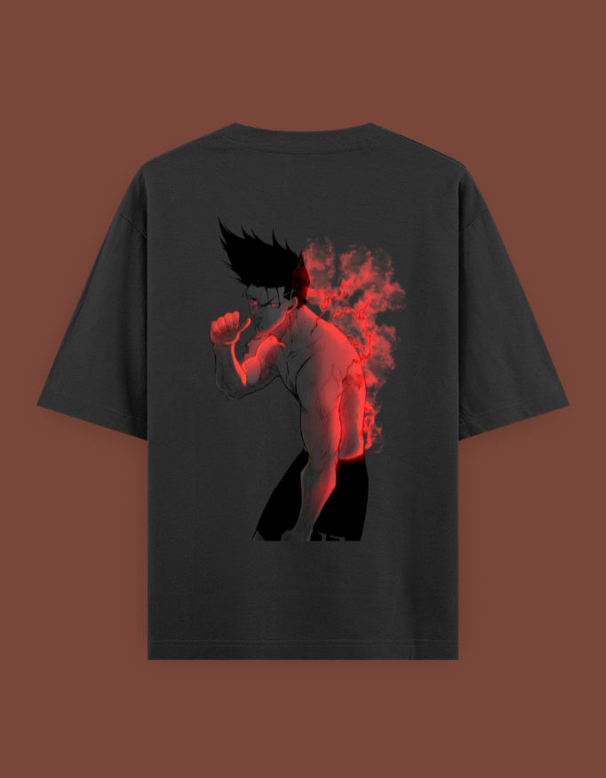 Dark gray t shirt showing bare chested spiky haired anime fighter with red flame aura on back barou anime t shirt