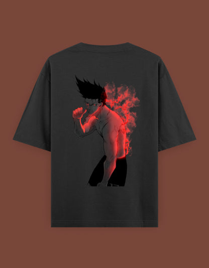 Dark gray t shirt showing bare chested spiky haired anime fighter with red flame aura on back barou anime t shirt