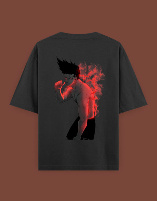 Dark gray t shirt showing bare chested spiky haired anime fighter with red flame aura on back barou anime t shirt