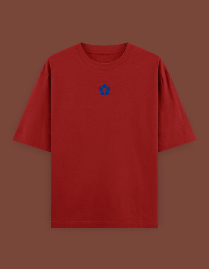 AnimeVerseStore red short sleeve crewneck with small blue chest logo minimalist design barou anime t shirt