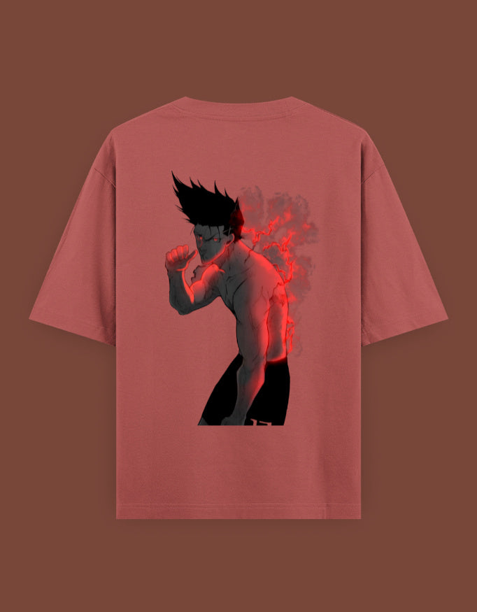 barou anime t shirt back print featuring shirtless spiky haired character with red fiery aura on muted red tee