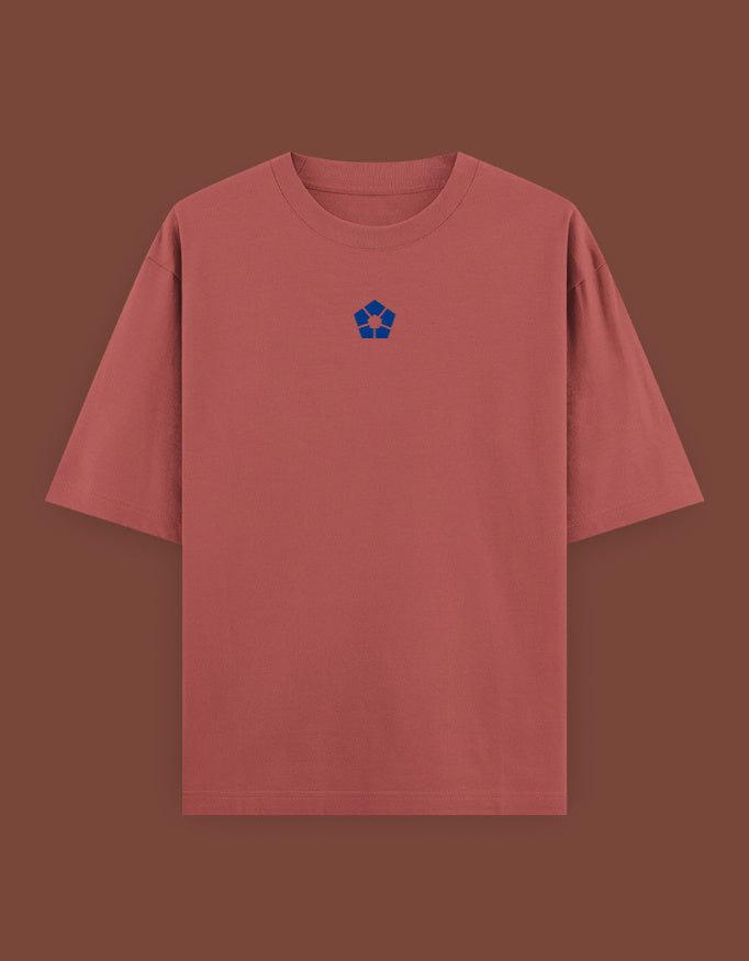 barou anime t shirt maroon oversized casual tee with small blue pentagon emblem centered on chest