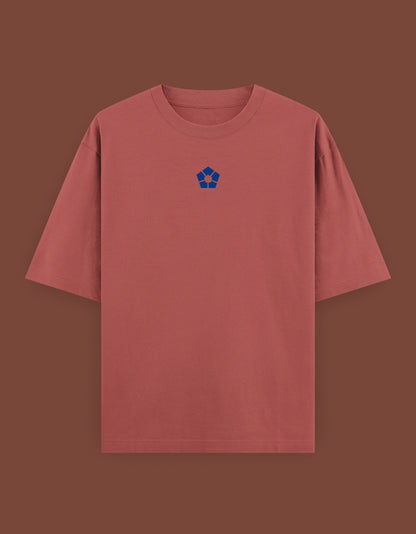barou anime t shirt maroon oversized casual tee with small blue pentagon emblem centered on chest