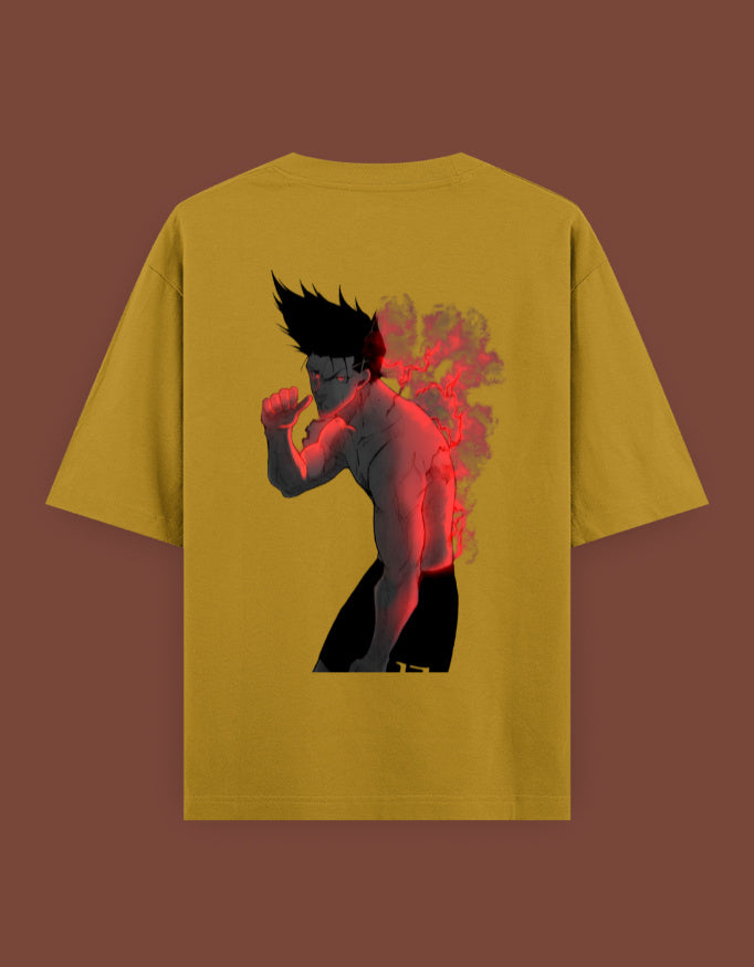 barou anime t shirt mustard yellow back view featuring muscular anime fighter with red fiery aura