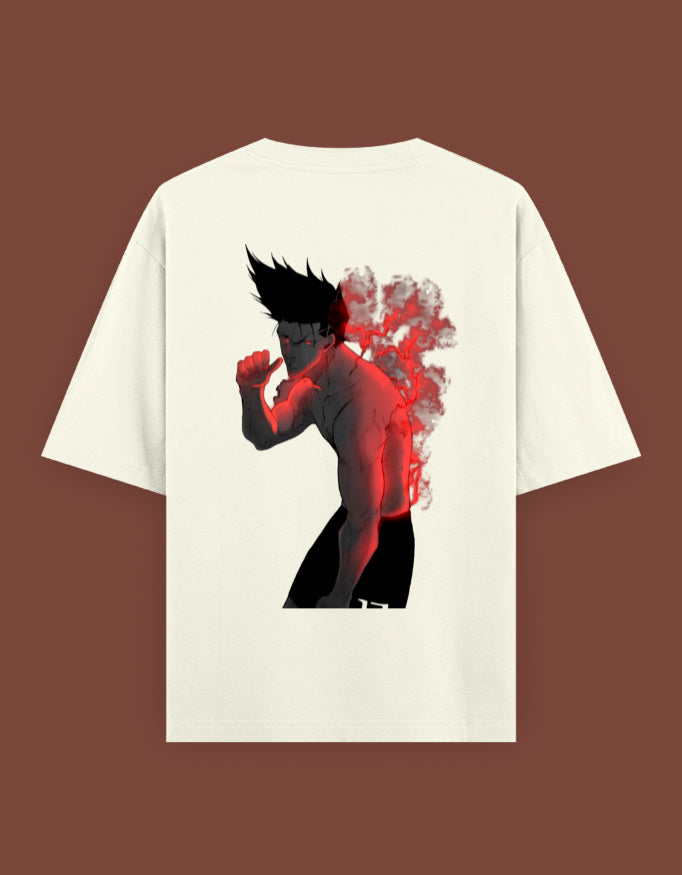 Cream graphic tee with back print of muscular anime fighter and red smoke effect barou anime t shirt