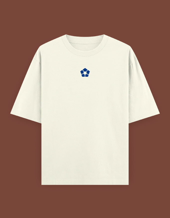 AnimeVerseStore barou anime t shirt minimalist cream crew neck tee with small blue emblem on chest