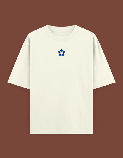 AnimeVerseStore barou anime t shirt minimalist cream crew neck tee with small blue emblem on chest