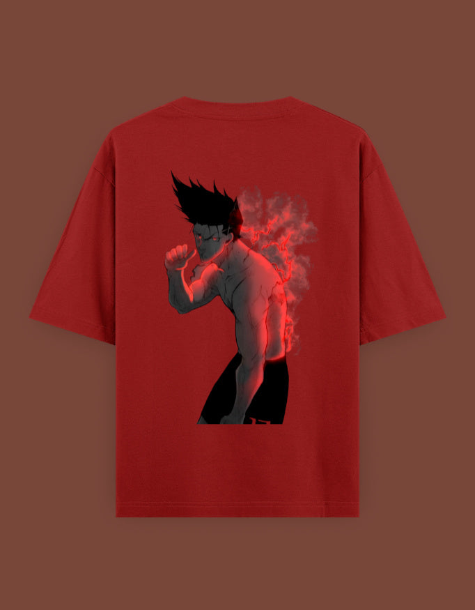Red tee with back print of muscular spiky haired fighter emitting red flame aura barou anime t shirt