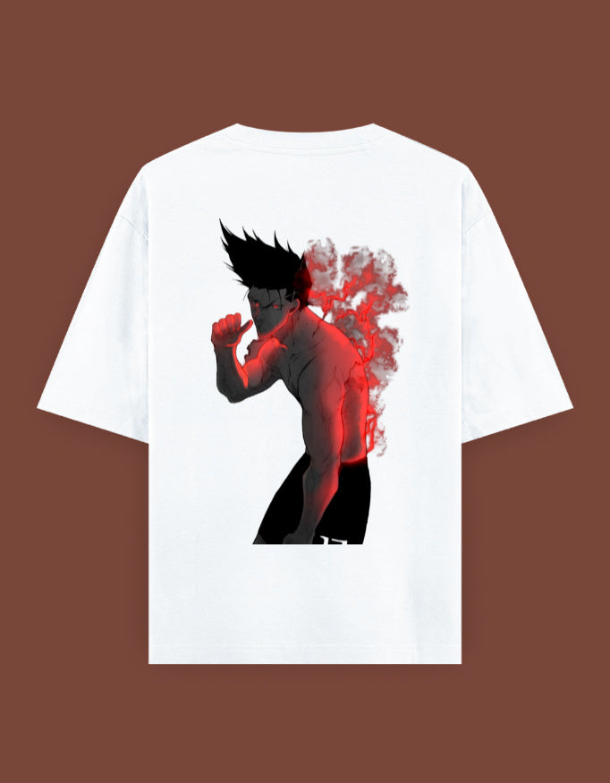 barou anime t shirt featuring muscular spiky haired fighter with red smoky aura on white tee