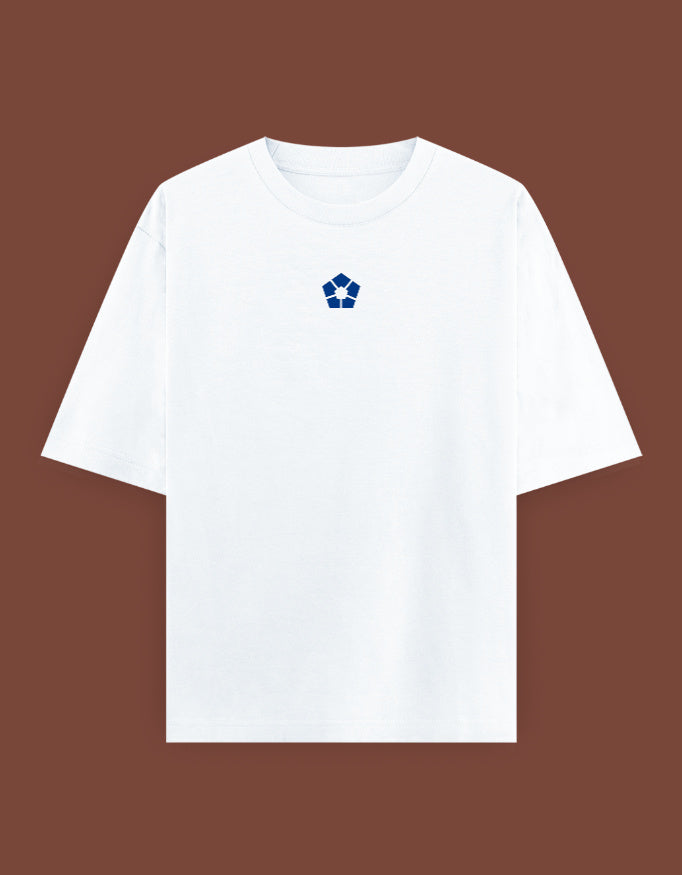 barou anime t shirt white crewneck with small blue emblem centered on chest casual cotton tee for everyday wear