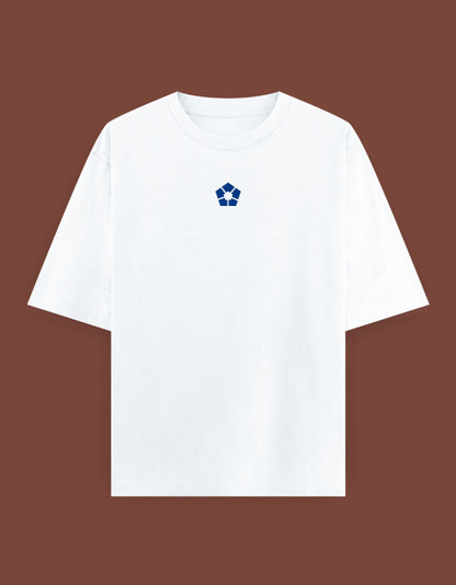 barou anime t shirt white crewneck with small blue emblem centered on chest casual cotton tee for everyday wear