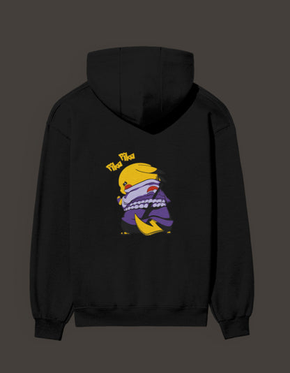Pikachu Uchiha hoodie in black featuring a colorful graphic design on the back
