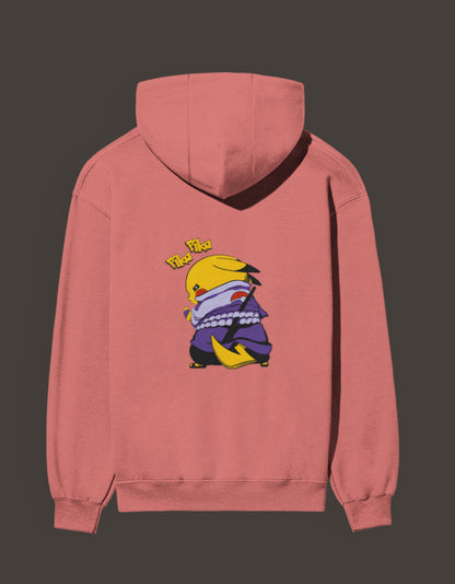 Pink Pikachu Uchiha hoodie featuring a playful Pikachu design on the back for anime fans