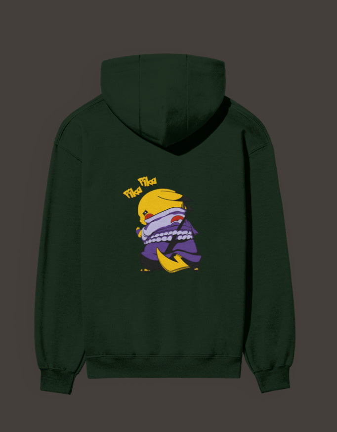 Pikachu Uchiha hoodie in dark green featuring a playful Pikachu design on the back