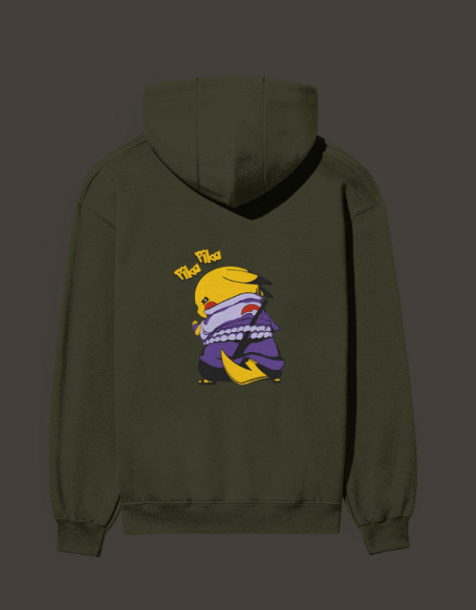 Pikachu Uchiha hoodie featuring a playful Pikachu dressed in Uchiha attire on an olive green background