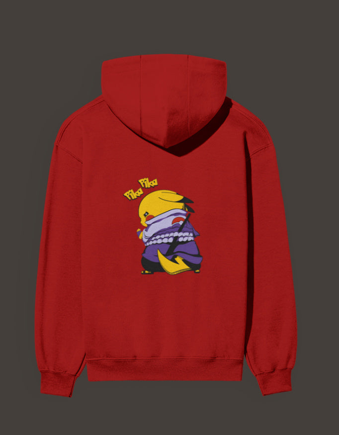 Red Pikachu Uchiha hoodie featuring a playful Pikachu design on the back