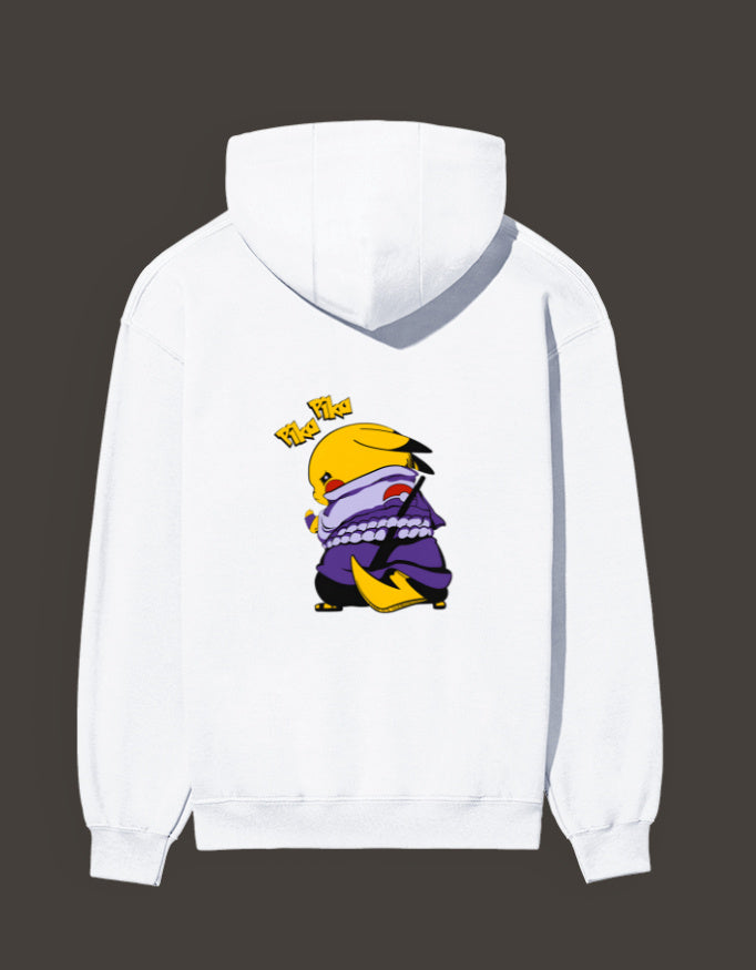 White Pikachu Uchiha hoodie featuring a playful Pikachu in a ninja outfit