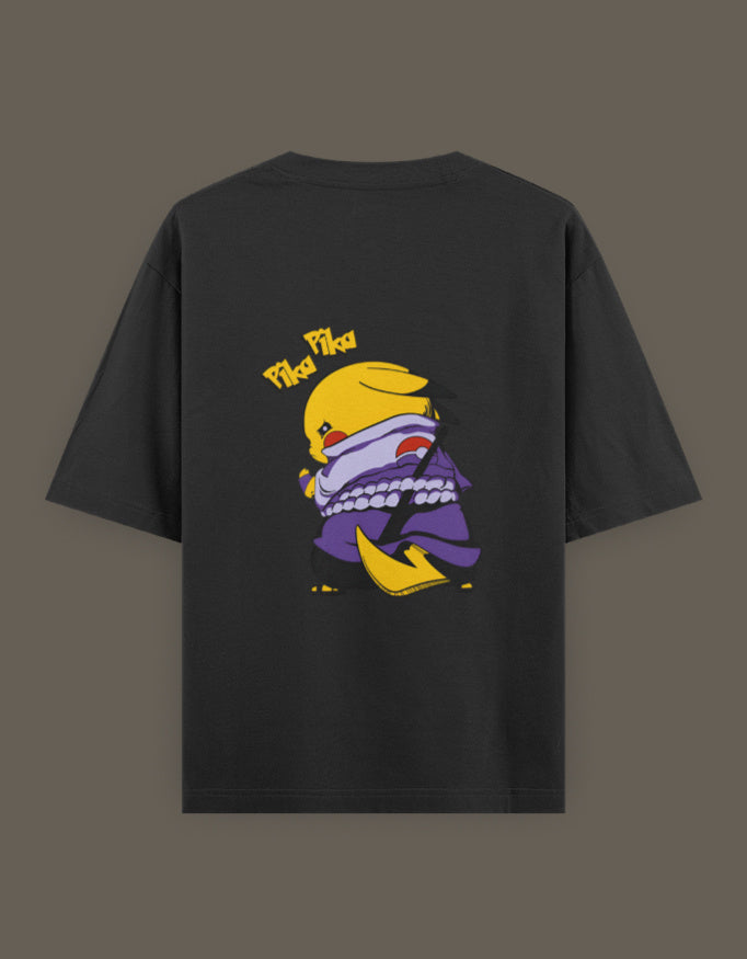 Pikachu Uchiha t-shirt featuring a playful Pikachu in ninja attire on a black background