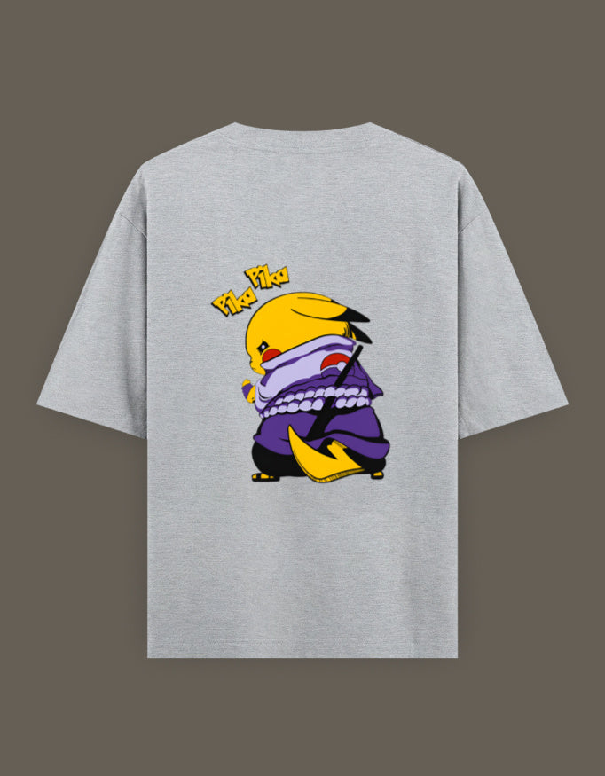 Pikachu Uchiha t-shirt featuring a playful Pikachu design in a ninja outfit on a gray shirt