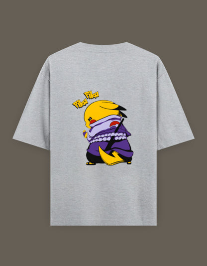 Pikachu Uchiha t-shirt featuring a playful Pikachu design in a ninja outfit on a gray shirt