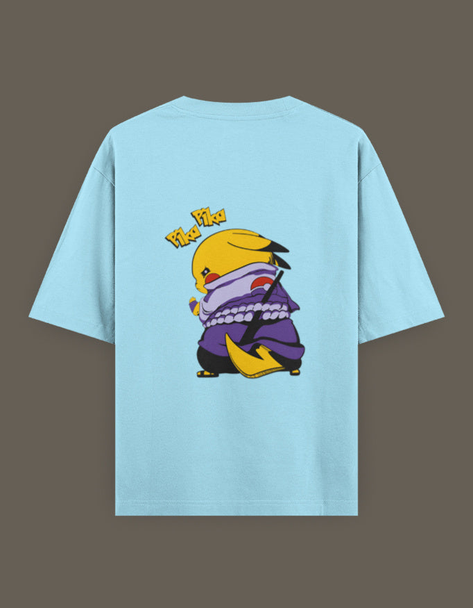 Light blue Pikachu Uchiha t-shirt featuring a playful graphic of Pikachu in ninja attire