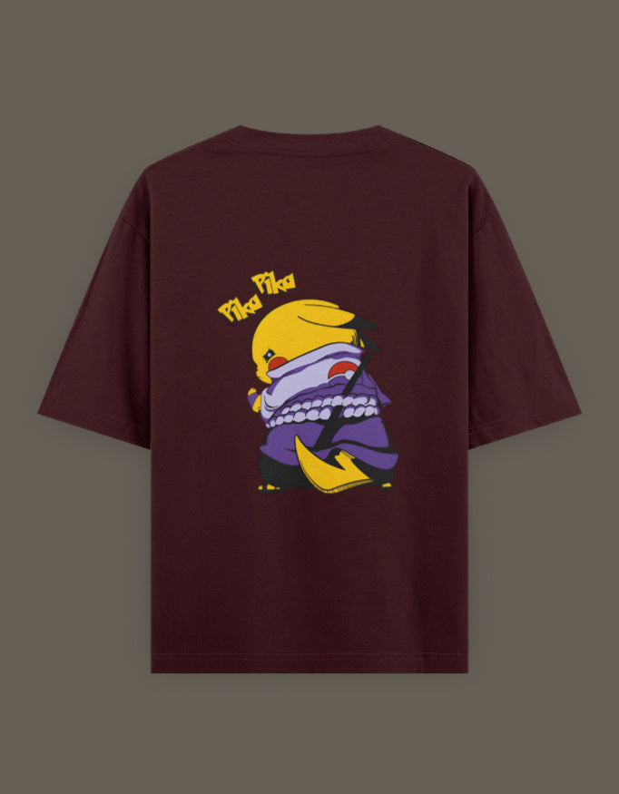 Pikachu Uchiha t-shirt featuring a vibrant design of Pikachu in a ninja outfit on a maroon background