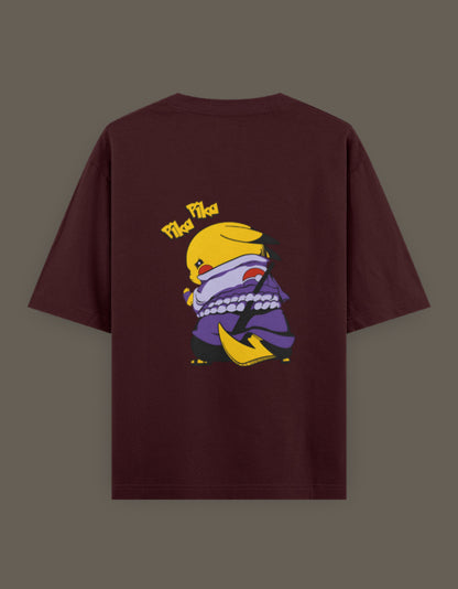 Pikachu Uchiha t-shirt featuring a vibrant design of Pikachu in a ninja outfit on a maroon background