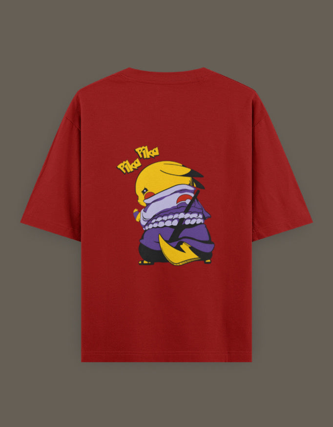 Pikachu Uchiha t-shirt in red featuring Pikachu dressed as a ninja with bold colors