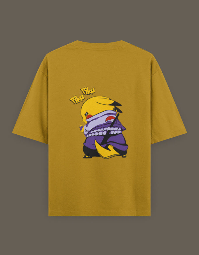 Pikachu Uchiha t-shirt featuring a playful Pikachu in a ninja outfit on a yellow background