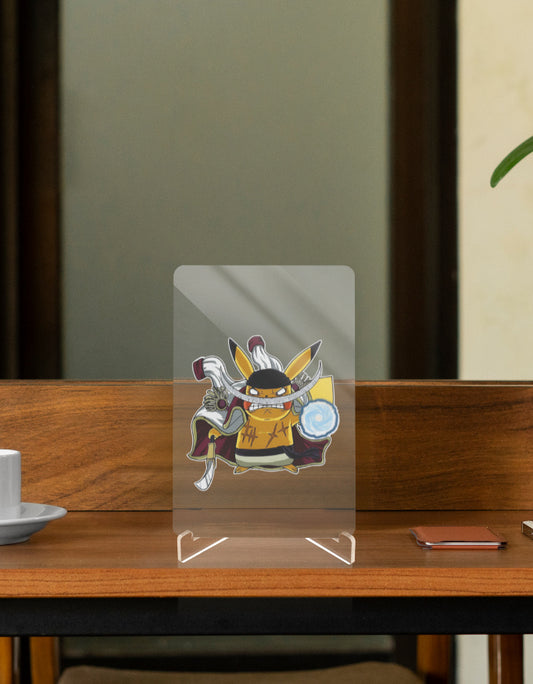 Pikachu x Whitebeard action figure displayed on a wooden table with a coffee cup in the background