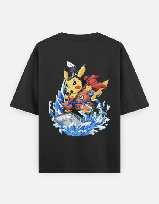 Black Pokemon One Piece crossover tee featuring Pikachu in a dynamic action pose with water effects
