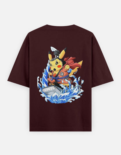 Pokemon One Piece crossover tee featuring Pikachu in pirate attire riding a wave