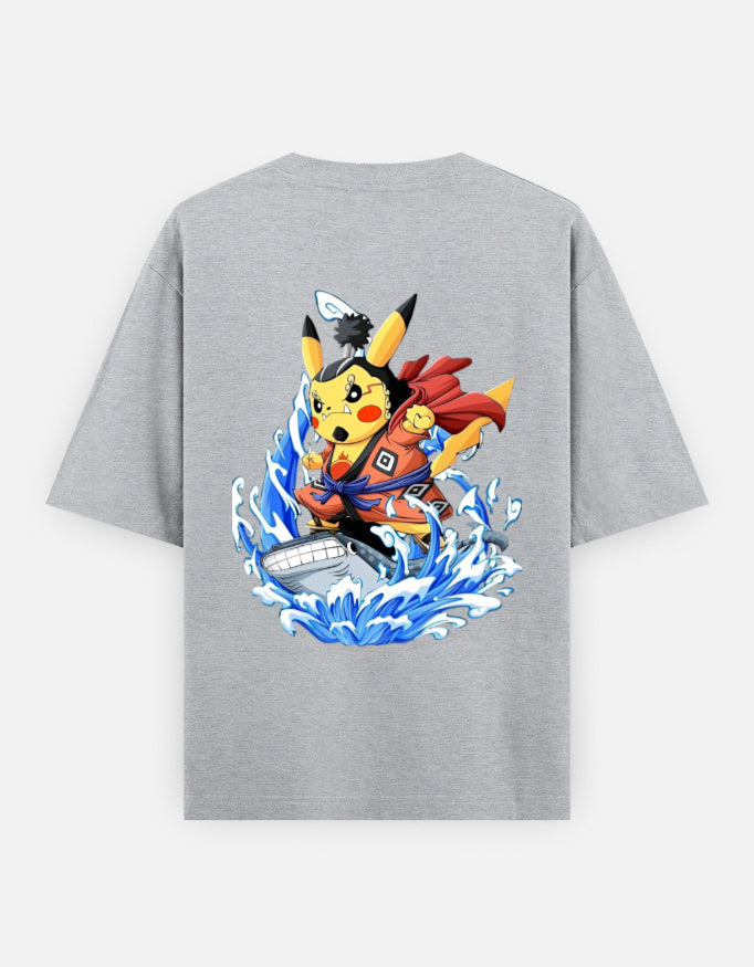 Pokemon One Piece crossover tee featuring Pikachu in a samurai outfit riding a wave