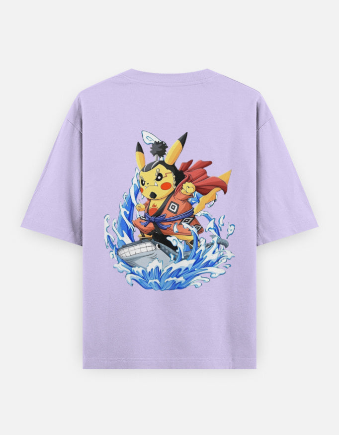 Pokemon One Piece crossover tee featuring Pikachu dressed as a pirate riding a wave